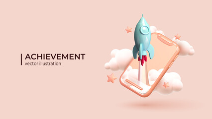 Rocket ship taking off from smartphone around the clouds and stars. Realistic 3d illustration with flying shuttle. Space travel. Spacecraft launch new project start up concept. Vector illustration - obrazy, fototapety, plakaty