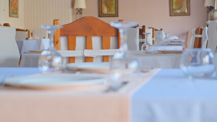 Minimal Luxury Restaurant in hotel prepared for summer time. 