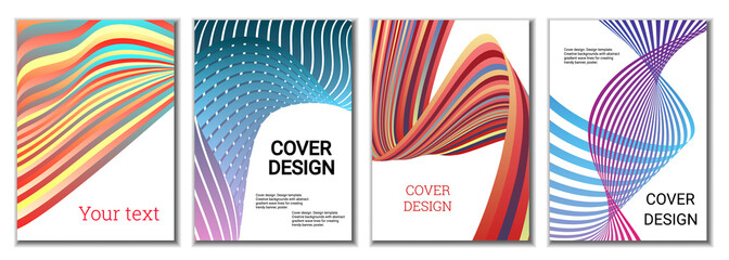 A set of 4 abstract covers. Wavy parallel gradient lines, ribbons evolve. Cover design, background. Trendy banner, poster.