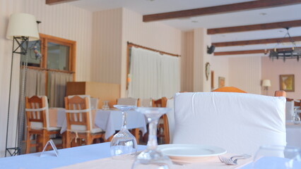Minimal Luxury Restaurant in hotel prepared for summer time. 