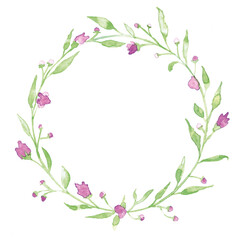 Fototapeta na wymiar Floral Wreath in Watercolor with Lovely Leaves, Flowers and Berries 
