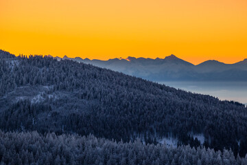 A frosty winter morning in Beskid Żywiecki. Views of the Tatra Mountains and Mala Fatra.