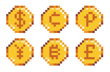 Different currency coins pixel art icon set. Bitcoin, euro, yen, dollar, pound logo collection. 8-bit sprite. Game development, mobile app.  Isolated vector illustration.