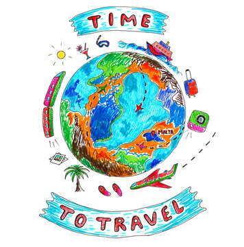 Hand drawn travel and tourism clipart in sketch style isolated on the white background with the handwritten text “Time to travel” 