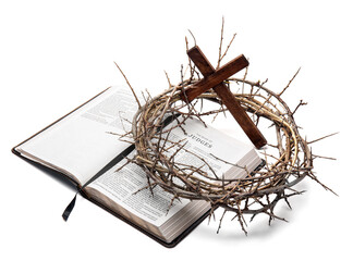 Fototapeta premium Crown of thorns with Holy Bible and cross on white background