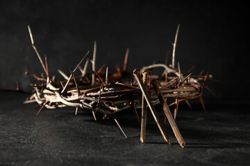 Fototapeta premium Crown of thorns with nails on dark background