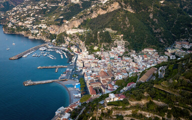 Small seaside town on a sunrise (aerial drone photo). Mediterranean, Amalfi, Italy