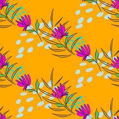 Vector seamless half-drop pattern, with leaves and flowers