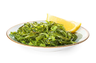Plate with healthy seaweed salad on white background