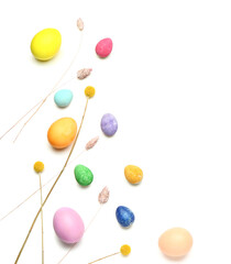 Stylish painted Easter eggs on white background