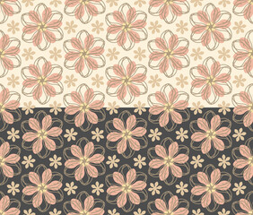 Easter floral decorative seamless pattern. Doodle line, pastel colored illustration. Geometric grid spring template. Light or dark easy editable color background. Vector