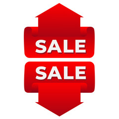 Two red cards in the form of a ribbon with an arrow with the inscription SALE on a white background, a sales concept for stores, promotions. Vector illustration.