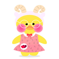 Popular soft toy LALAFANFAN duck with round glasses, pink dress and hat with sheep horns