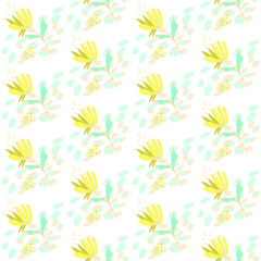 Vector seamless half-drop pattern, with leaves and flowers