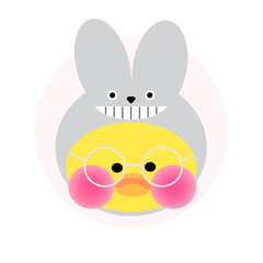 The picture shows the popular soft toy yellow lalafanfan duck wearing a grey kigurumi bunny and round glasses on a white background