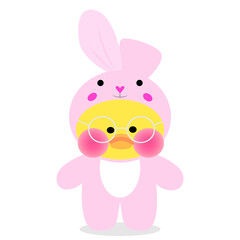 The picture shows the popular soft toy yellow lalafanfan duck wearing a pink kigurumi bunny  and round glasses on a white background