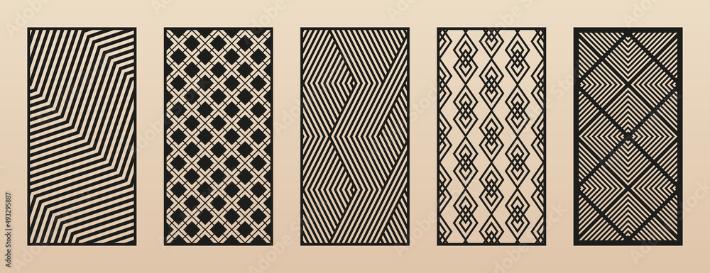 Poster set of laser cut patterns. modern abstract geometric panels with diagonal lines, chevron, grid, diam