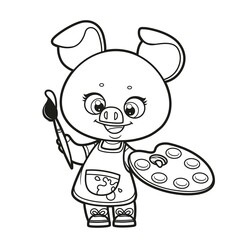 Cute cartoon piggy artist in an apron holds  palette and brush outlined for coloring page on a white background