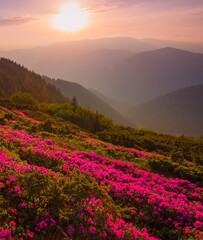scenic summer sunrise  floral image, amazing mountains landscape with blooming flowers 