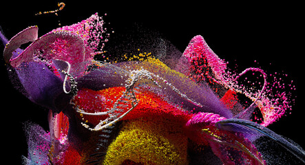 3d render of abstract art with surreal explosion powder foam cloud based on small mixed balls spheres or bubbles particles in yellow pink and purple color in plastic and metal material on black