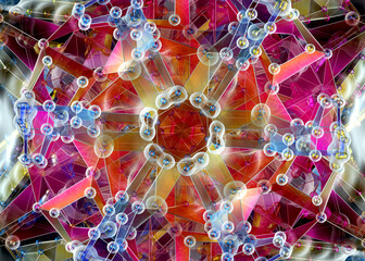 Fototapeta na wymiar 3d render of abstract art with part of surreal kaleidoscopic fractal star alien flower based on triangle pyramids shapes in metal wire structure with transparent plastic parts in pink green blue color
