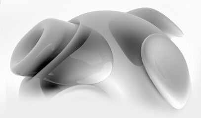3d render of black and white monochrome abstract art piece of surreal sculpture in spherical organic curve round wavy smooth soft bio forms in glossy transparent plastic material on grey background