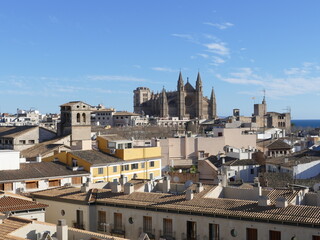 Fototapeta na wymiar Above the roofs of Palma, Mallorca, Balearic Islands, Spain, in the background the cathedral 