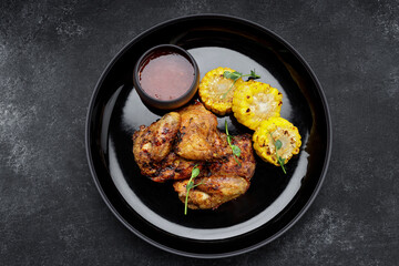 Grilled chicken tobacco, with sauce and corn, on a dark background