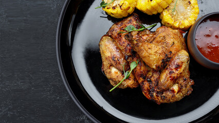 Grilled chicken tobacco, with sauce and corn, on a dark background