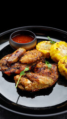 Grilled chicken tobacco, with sauce and corn, on a dark background