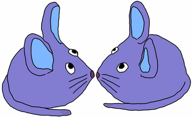 Zwei süße lila blaue Müse stoßen die Schnauzen aneinander und küssen sich. Farbenfrohe Maus Illustration kindgerecht und naturnah . Mäusefreunde oder Brüder oder Schwestern . Kussszene concept image .