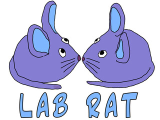 Zwei süße lila blaue Müse stoßen die Schnauzen aneinander und küssen sich. Der Schriftzug "Lab Rat" macht das ganze zu einem Wissenschaftskritischen Design gegen Tierversuche.