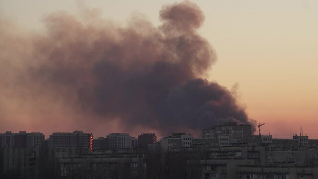 Smoke from a fire in the capital of Ukraine Kyiv after the shelling of the Russian army