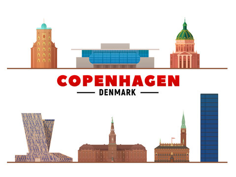 Copenhagen (Denmark) main landmarks in white background. Vector Illustration. Business travel and tourism concept with modern buildings. Image for banner or web site.