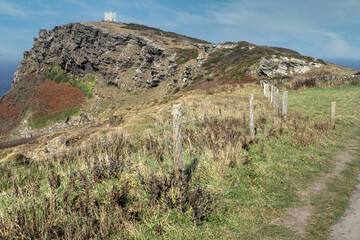 Boscastle South West Coastal Walk view with the coastguard watch hut, Cornwall, UK.