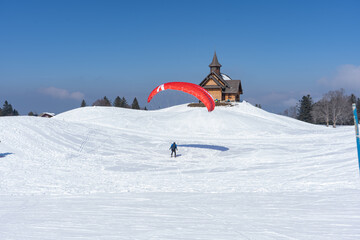 Naklejka na ściany i meble Stoos is a car-free leisure, sports and vacation resort with a fully comprehensive infrastructure and extremely varied offers for winter sports enthusiasts of all kinds. Schwyz, Muotatal, Morschach.