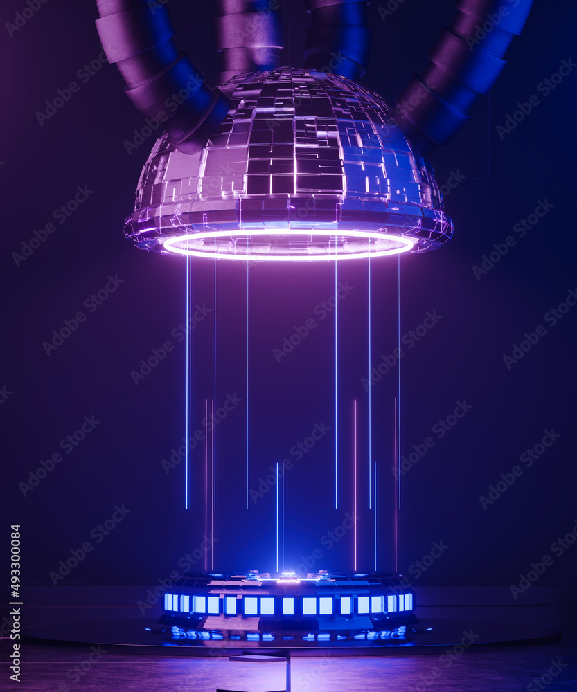 Poster 3d rendering sci-fi empty podium with blue and purple neon light for product display.