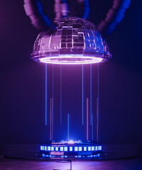 3d rendering sci-fi empty podium with blue and purple neon light for product display. © pprothien