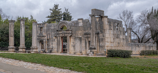 Facade view of Kfar Bar'am ancient lavish Synagogue, Baram National Park, located between kibbutz...