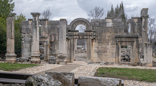 Facade view of Kfar Bar'am ancient lavish Synagogue, Baram National Park, located between kibbutz Sassa and moshav Dovev, near the Lebanes border, Upper Galilee, Northern Israel, Israel.		