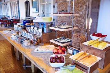 Closeup breakfast buffet at restaurant at luxury resort