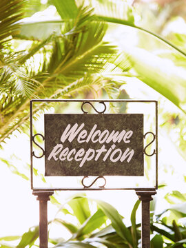Welcome reception sign at luxury tropical resort in CA