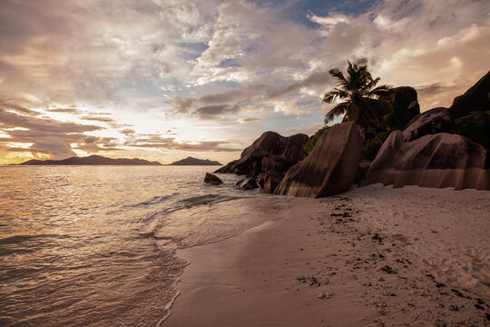 sunset on paradise tropical beach in Seychelles
