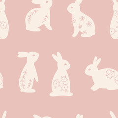 Hand drawn vector seamless pattern with Easter bunnies with floral elements. Festive background with cute animals. Spring pastel texture with charming rabbits. Flat vector illustration