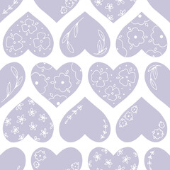 Hand drawn seamless pattern with flat hearts with floral elements. Cute romantic background with floral heart for spring holidays, prints, textile. Flat colorful vector illustration