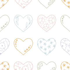 Hand drawn festive seamless pattern with flat linear hearts with flowers and plants. Cute romantic background with floral heart for spring design, holidays, prints, textile. Flat vector illustration