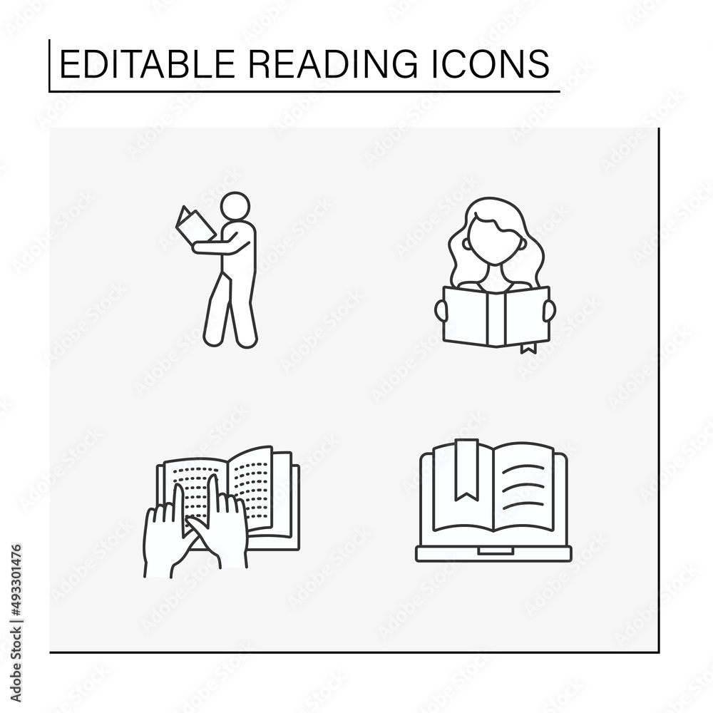 Poster reading line icons set. process of acquiring skills and knowledge. braille book. reading concept. is