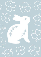 Hand drawn Easter greeting card with cute bunny and flowers in flat style. Charming spring illustration with rabbit. Vector poster for spring design and Easter holidays. Colored vector postcard