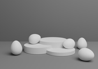 Dark graphite gray, black and white 3D rendering of Easter themed product display podium or stand composition with colorful eggs minimal, simple for multiple products