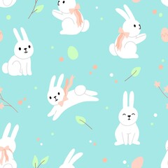 Cute white rabbit pattern. Easter vektor background on blue. 